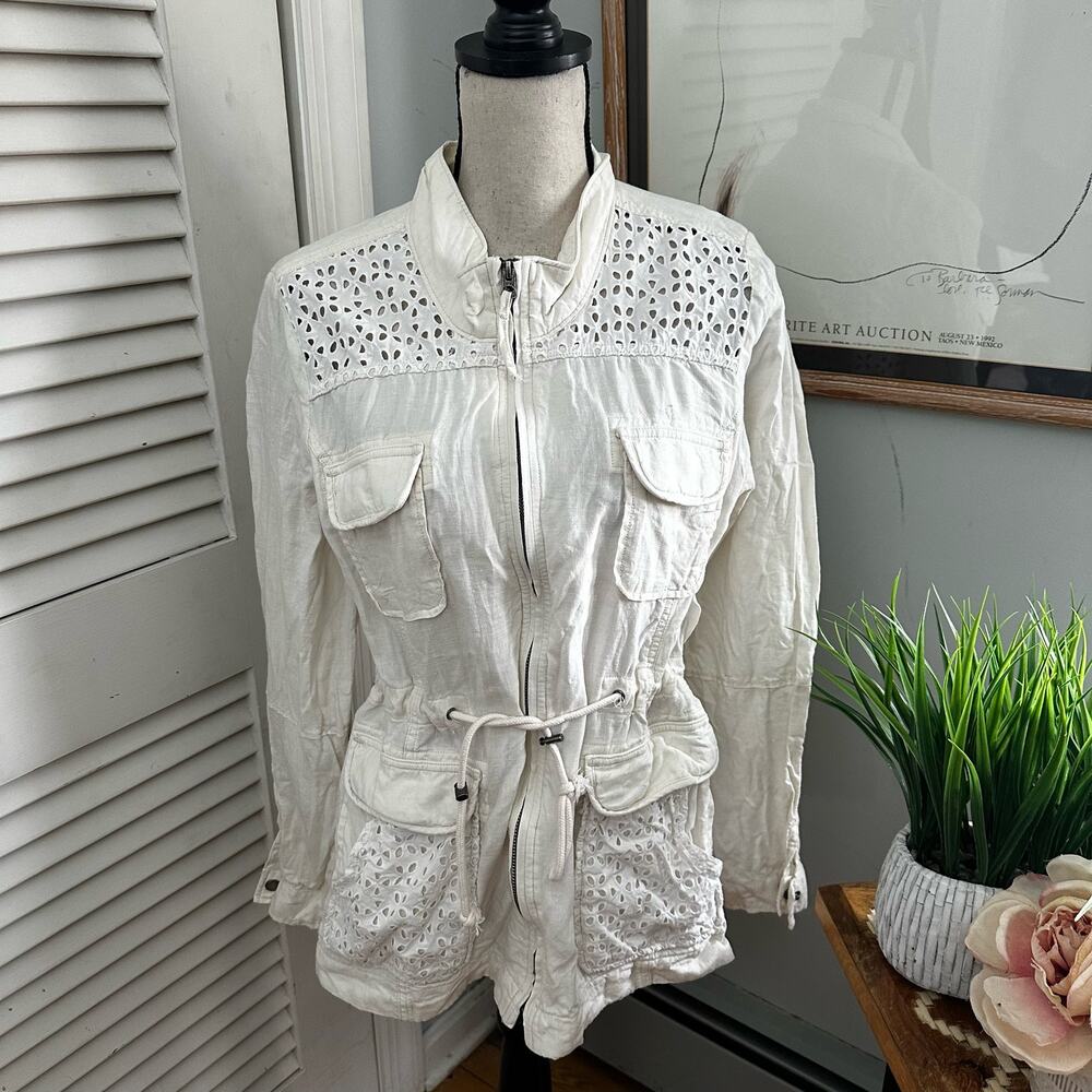 Lucky Brand Jacket Womens Medium White Linen Utility Full Zip Eyelet Boho Chic